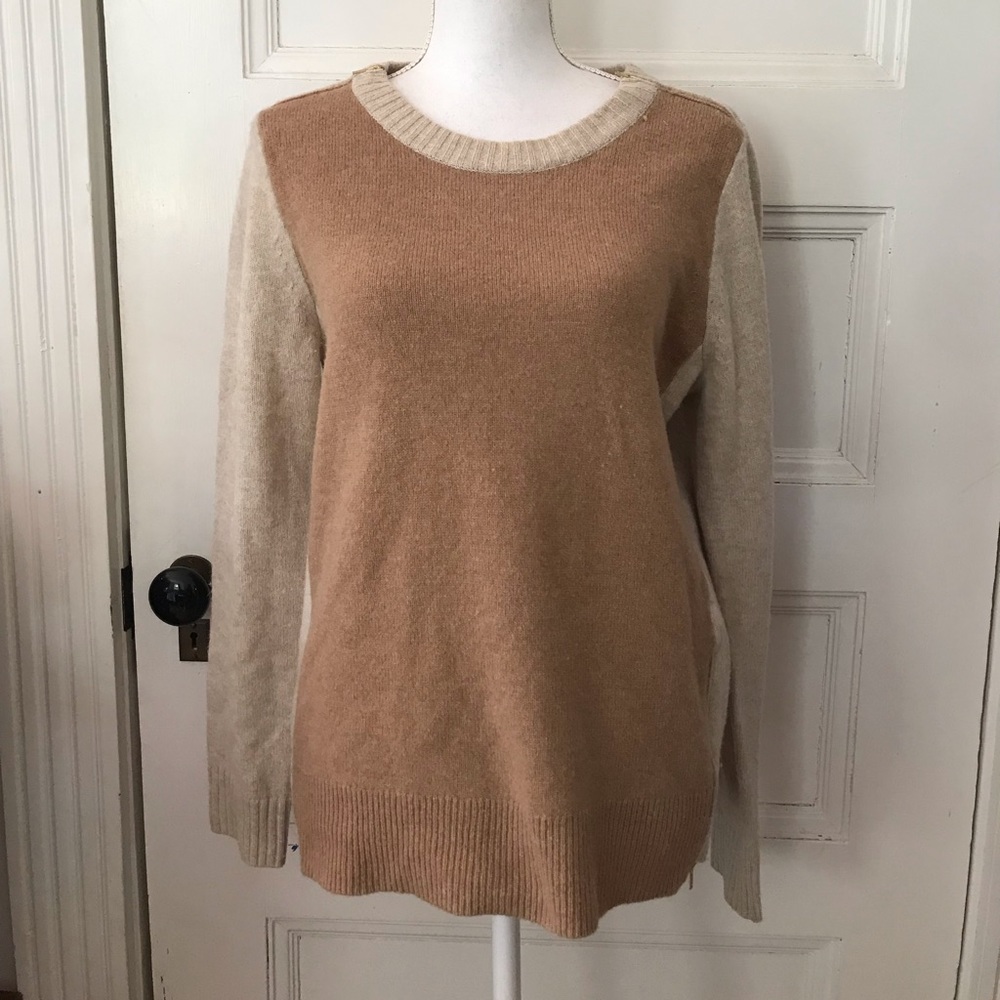 J Crew Brown Tan Wool Color Block Zipper Pullover Sweater